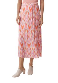 Rosa Midirock mit abstraktem Muster in Orange, Hellrosa und Lavendel. Hergestellt aus leichtem Stoff mit gebundenem Taillendetail.