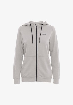 Gaiši pelēks zip-up kapucis ar priekšējo kabatu, melnu rāvējslēdzēju un auklām. Uz kreisās krūts vietas ir neliels logotips. Mīksta tekstūra.