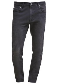 Jean slim noir pour homme avec bouton et fermeture éclair à l'avant, passants de ceinture et design cinq poches.