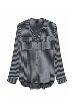 Mørkeblå langærmet skjorte med knapper, hvide lodrette striber og to brystlommer med klap.