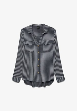 Mørkeblå langærmet skjorte med knapper, hvide lodrette striber og to brystlommer med klap.