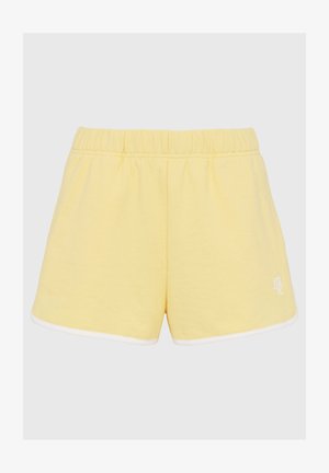Kollased puuvillased lühikesed püksid kummist vöökoha, valge äärisega allääres ja väike logo tikandiga ees.