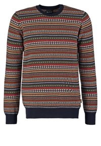 Pull en maille à col rond, arborant un motif géométrique multicolore. Poignets et ourlet côtelés de couleur bleu marine. Texture douce.