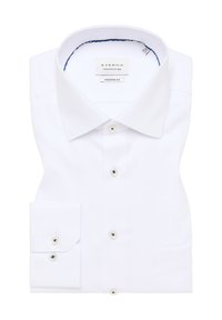 Weißes Hemd ausstrukturierter Stoff, mit modernem Schnitt, klassischem Kragen und kontrastierenden blauen Akzenten im Kragen und an den Manschetten.