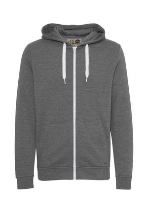 Gray zip-up hoodie made of soft fabric with a front pocket, white drawstrings, and ribbed cuffs and hem. Features a hood.