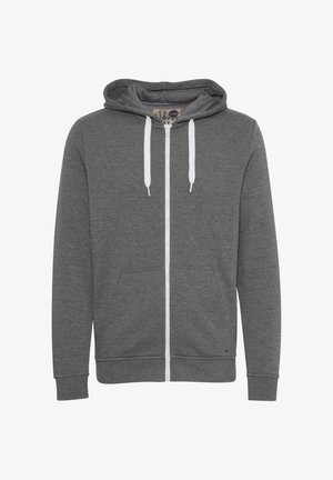 Grauer Reißverschluss-Hoodie aus weichem Stoff mit einer Fronttasche, weißen Kordeln und gerippten Bündchen und Saum. Verfügt über eine Kapuze.