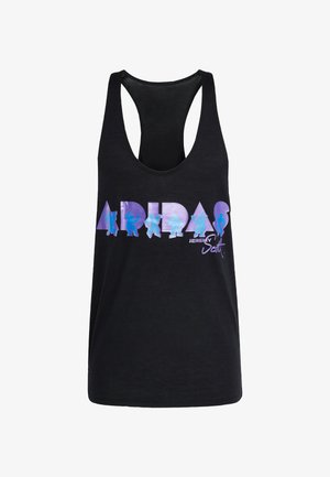Černý top bez rukávů s velkým, vícebarevným logem "ADIDAS" s lesklým gradientním efektem a designem s výřezem. Výstřih ve stylu racerback.