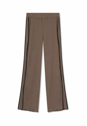 Brown wide-leg pants made from soft fabric, featuring black side stripes and a scalloped hem for added detail.