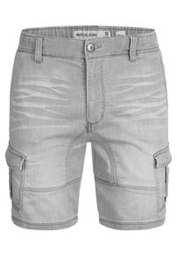 Grijze cargoshorts van denim, met zijzakken, een ritssluiting en subtiele horizontale strepen op de stof.
