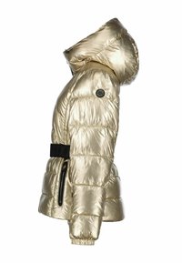 Gul pufferjakke med quiltet design, hætte, elastiske manchetter og et kontrastfarvet sort bælte. Har en lynlåslomme på siden.