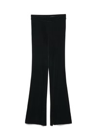 Pantaloni a campana neri realizzati in un tessuto liscio e morbido. Presentano spacchi laterali all'orlo e una vita senza cuciture. Design classico e sartoriale.