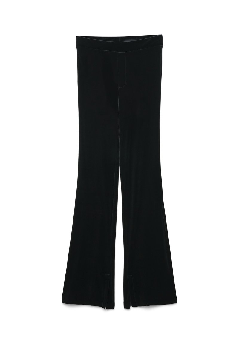 Pantaloni a campana neri realizzati in un tessuto liscio e morbido. Presentano spacchi laterali all'orlo e una vita senza cuciture. Design classico e sartoriale.