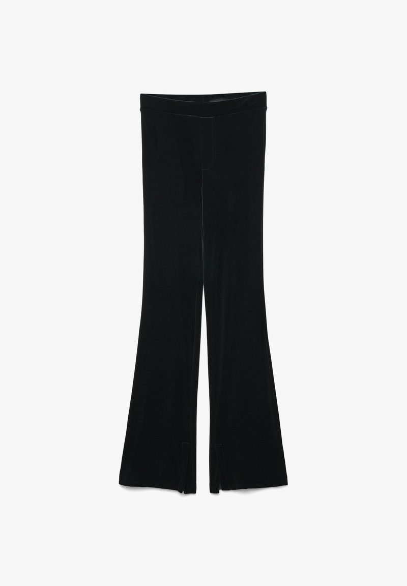 Pantaloni a campana neri realizzati in un tessuto liscio e morbido. Presentano spacchi laterali all'orlo e una vita senza cuciture. Design classico e sartoriale.
