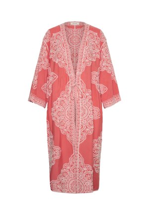 Koralo rožinės spalvos ilgas kardiganas su baltais sudėtingais nėriniuoto audinio raštais, atvira priekine dalimi, trijų ketvirčių rankovėmis ir surišimu ties liemeniu.