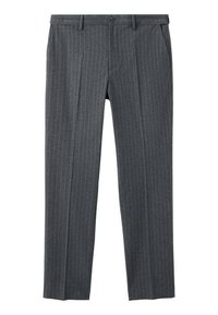 Pantaloni grigi a righe realizzati in tessuto, con fronte piatto, passanti per cintura e chiusura con bottone. Le righe verticali sono sottili ma ben visibili.
