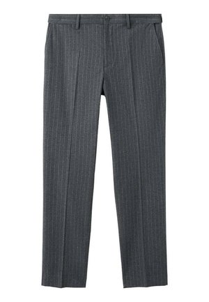 Pantaloni raiati gri, realizati din material textil, avand front plat, bucle pentru curea si inchidere cu buton. Dungile verticale sunt subtile, dar evidente.