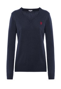 Maglione blu navy a scollo a V realizzato in tessuto lavorato a maglia, con maniche lunghe e un piccolo logo ricamato rosso sul petto sinistro.