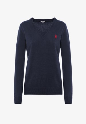 Maglione blu navy a scollo a V realizzato in tessuto lavorato a maglia, con maniche lunghe e un piccolo logo ricamato rosso sul petto sinistro.
