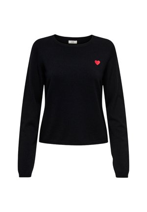 Fekete hosszú ujjú pulóver kerek nyakkal és a bal mellkason hímzett kis piros szívvel.