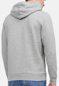 Sweatshirt gris avec capuche, présentant une texture douce, des poignets et un ourlet côtelés, et une coupe décontractée, vu de dos.