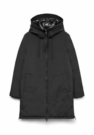 Schwarze Daunenjacke mit Kapuze, ausgestattet mit einem Reißverschluss vorne, Druckknopf-Taschen und Kordelzügen. Glatte Textur, mittellanges Design, minimalistischer Stil.