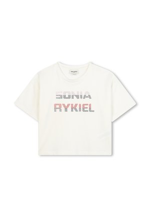 Cropped white t-shirt with short sleeves featuring "SONIA RYKIEL" printed in colorful block letters. Made of soft cotton fabric.