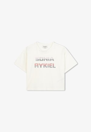 Cropped white t-shirt with short sleeves featuring "SONIA RYKIEL" printed in colorful block letters. Made of soft cotton fabric.