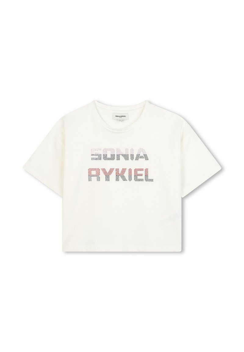 Przycięta biała koszulka z krótkim rękawem z napisem "SONIA RYKIEL" wydrukowanym kolorowymi literami bloku. Wykonana z miękkiej bawełny.