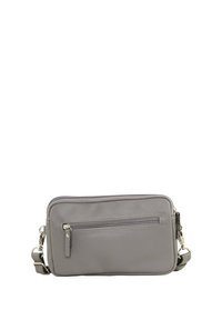 Borsa a tracolla sintetica grigia con compartimento principale con zip, tasca frontale con zip e cinturino regolabile. Design elegante e minimalista.