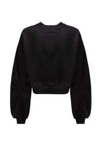 Fekete, rövidített pulóver hosszú, puffos ujjal és bordázott szegéllyel. Az anyag lágy tapintású, sima felületű, és klasszikus kerek nyakú.