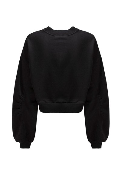 Sweatshirt noir court avec des manches longues et bouffantes et un ourlet à côtes. Le tissu semble doux avec une texture lisse et un col rond classique.