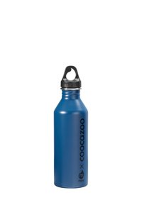 Blue stainless steel water bottle with a matte finish, narrow cylindrical shape, black lid, and printed logos: "coocazoo" and "mizu."