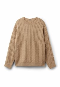 Beige gestrickter Pullover mit geripptem Struktur und Kabelmuster. Hat einen runden Ausschnitt und lange Ärmel mit lockerer Passform.