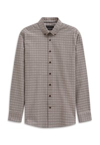 Beige Langarm-Hemd mit Knöpfen, mit dunkelbraunem kariertem Muster und braunen Knöpfen, ausgestattet mit einem Button-Down-Kragen.