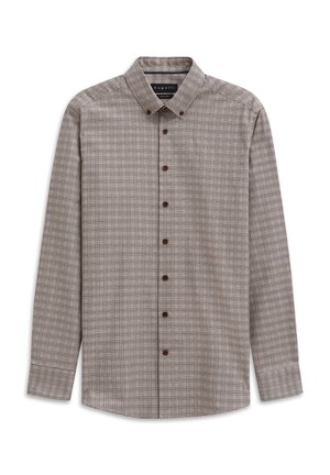 Beige long-sleeve button-up shirt with dark brown checkered pattern and brown buttons, featuring a button-down collar.