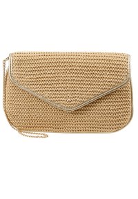 Tkané béžové psaníčko se zlatým lemováním a řetízkovým popruhem, s předním klopovým zapínáním na malý kulatý zlatý knoflík.