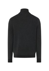 Dunkelgrauer, strukturierter Langarmpullover mit hohem Kragen und enganliegenden Bündchen, von hinten auf weißem Hintergrund gezeigt.