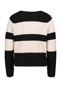 Schwarzer und hellbeiger gestreifter Pullover, Rundhalsausschnitt, lange Ärmel, gestrickte Textur, mit breiten abwechselnd horizontalen Streifen.