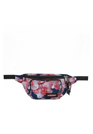 Sac banane bleu marine avec motif floral rose et blanc, poche avant zippée et sangle noire réglable avec deux curseurs de fermeture éclair.
