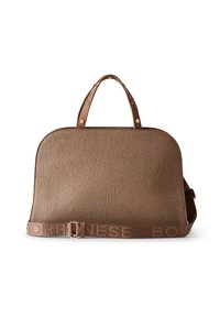 Brown textured travel bag with two handles, gold-tone studs, and adjustable branded shoulder strap against white background.
