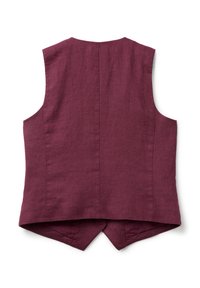 Bezramionowa burgundowa kamizelka z lnu, z prostym tyłem i lekko wydłużonym dołem, wyeksponowana na płasko na białym tle.