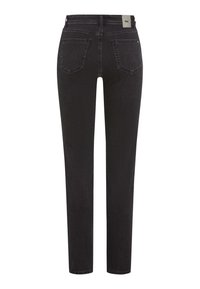 Jeans in denim nero, vestibilità dritta, con due tasche posteriori, cuciture sottili e un'etichetta sul girovita. Texture liscia, design minimalista.