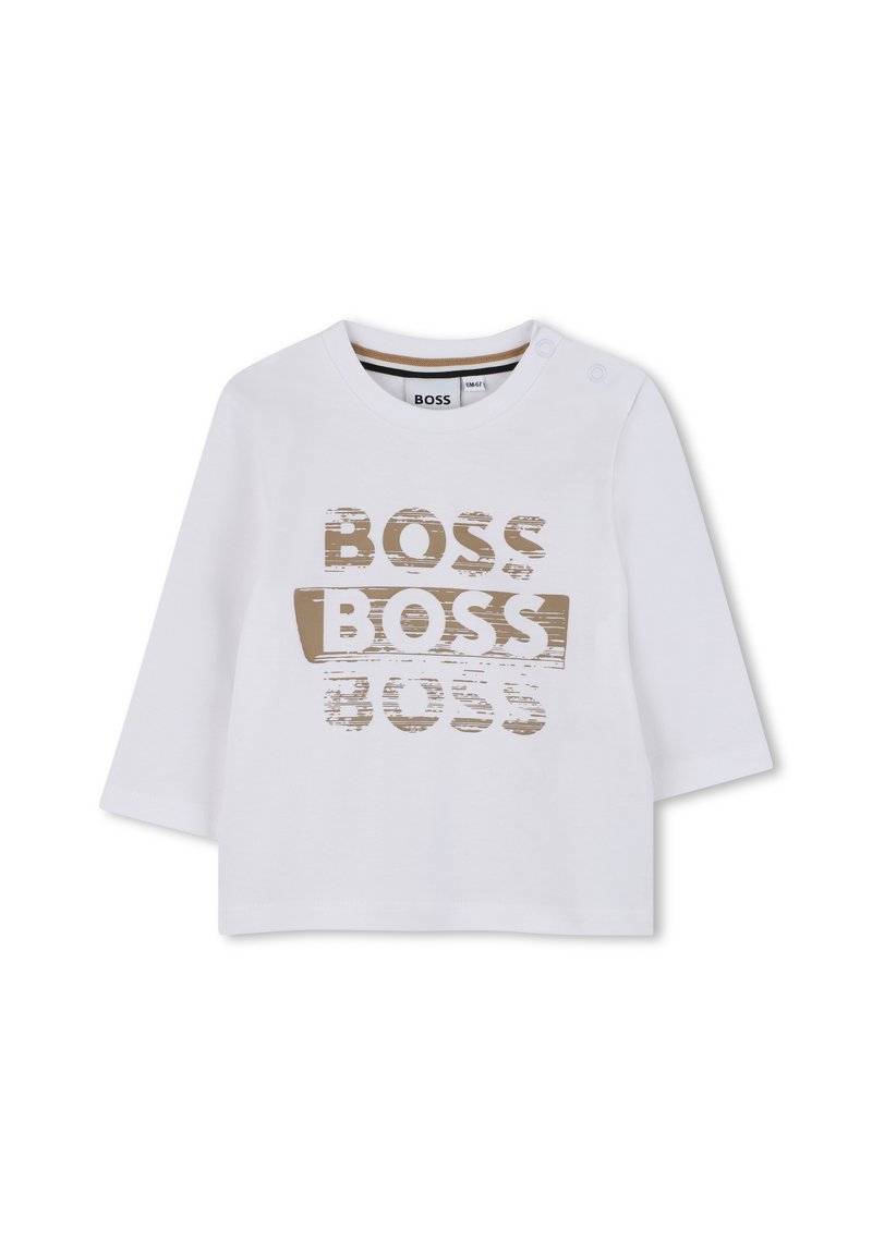 Fehér, hosszú ujjú, pamut ing, elől és a vállon egy kopott arany és fekete "BOSS" nyomattal, valamint patentos gombokkal.