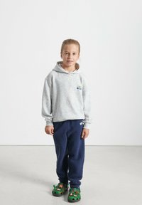 Felpa grigia con cappuccio, tasca frontale e patch con logo, abbinata a pantaloni della tuta blu navy e sandali verdi con design di animali.