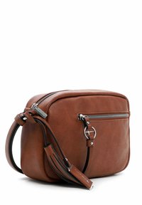 Brown leather crossbody bag with a rectangular shape, front zipper pocket, and adjustable strap. Features silver hardware and stitching details.