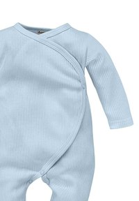 Lyseblå, ribbet omslagsbodysuit med lange ærmer, der har trykknapper langs fronten og benåbningerne for nem påklædning.