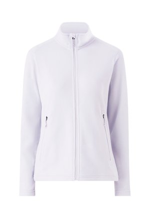 Chaqueta de forro polar de color púrpura claro con un collar alto, cierre delantero con cremallera y dos bolsillos laterales con cremallera. Textura suave y diseño ajustado.