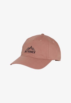 Gorra de béisbol de algodón rosa con visera curva, que cuenta con un logo de montaña bordado y la palabra "TERREX" en negro.