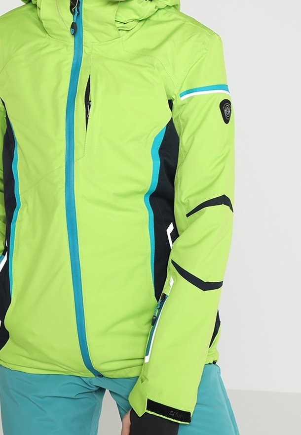 Jasně zelená lyžařská bunda s černými akcenty, modrým oranžem, zipovými kapsami a kapucí. Vyznačuje se elegantním designem pro outdoorové aktivity.