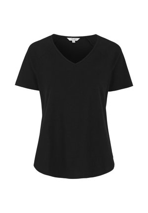 Schwarzes, kurzärmeliges V-Ausschnitt-T-Shirt mit leicht geschwungenem Saum und einfarbigem, glattem Stoff, dargestellt vor weißem Hintergrund.